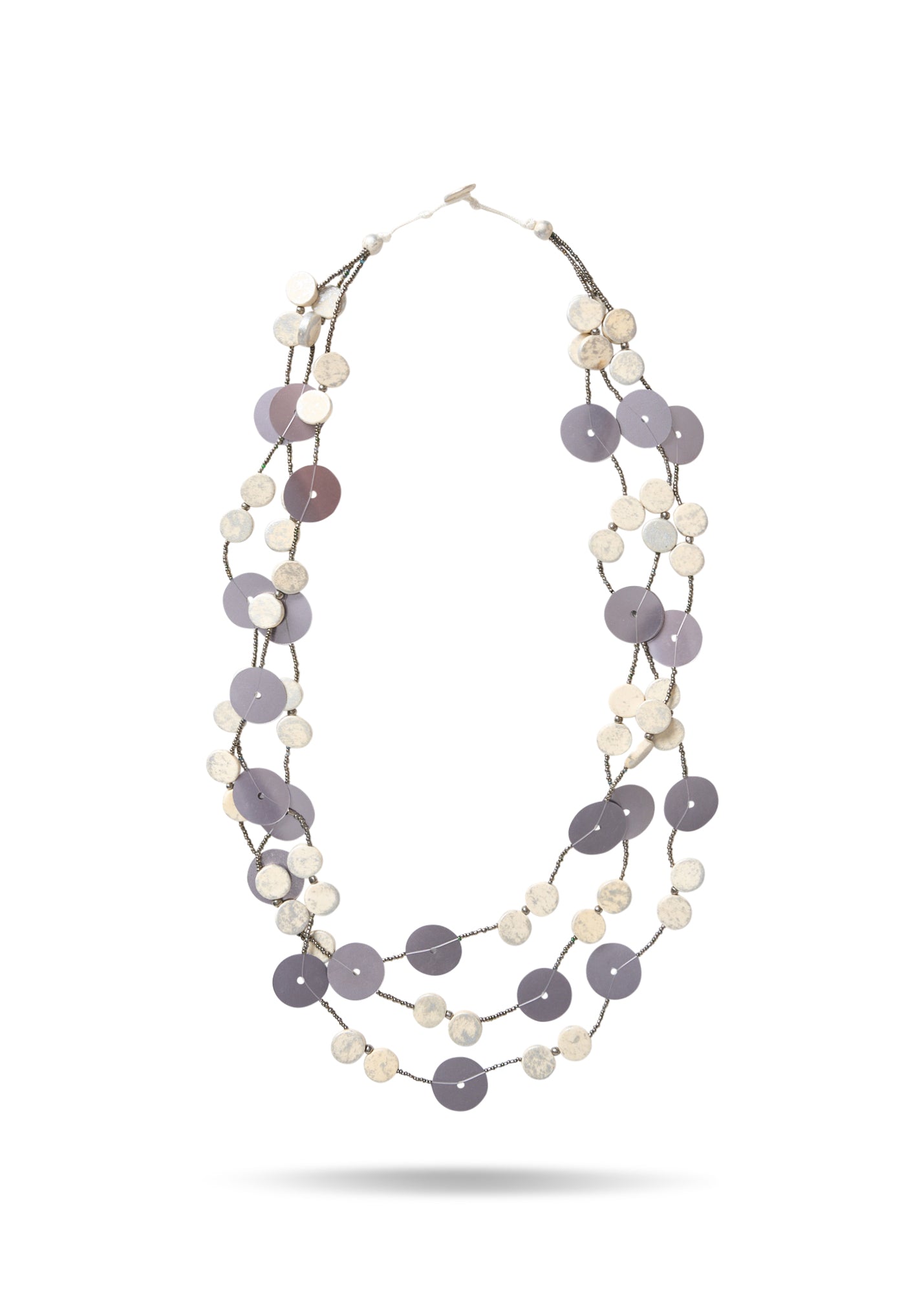 White token-like beaded 3-row necklace