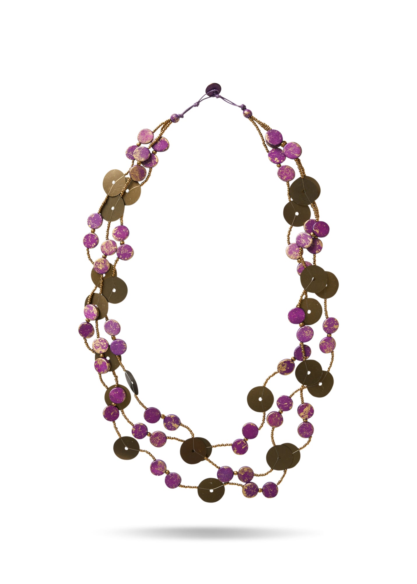 Purple token-like beaded 3-row necklace