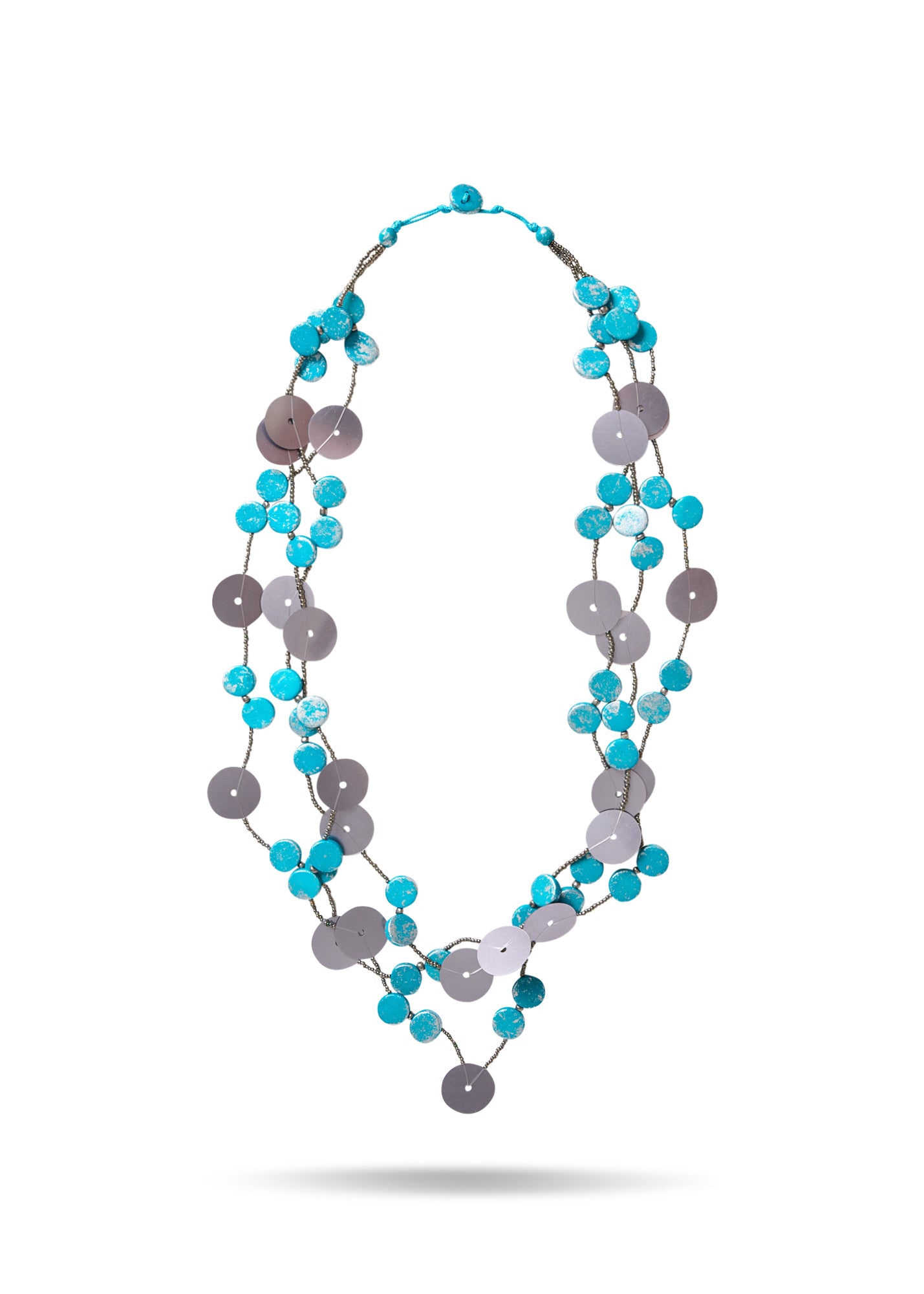 Necklace 3 rows of turquoise token-like beads