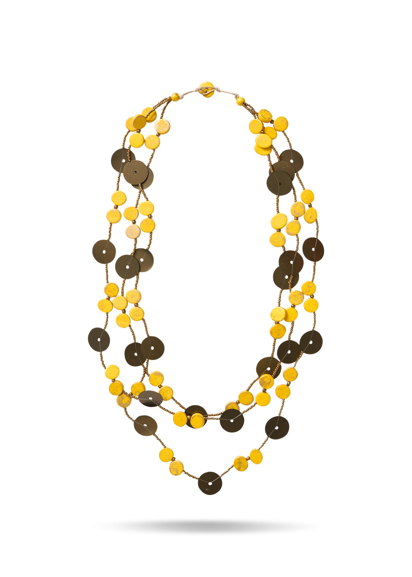 Yellow token-like beaded 3-row necklace