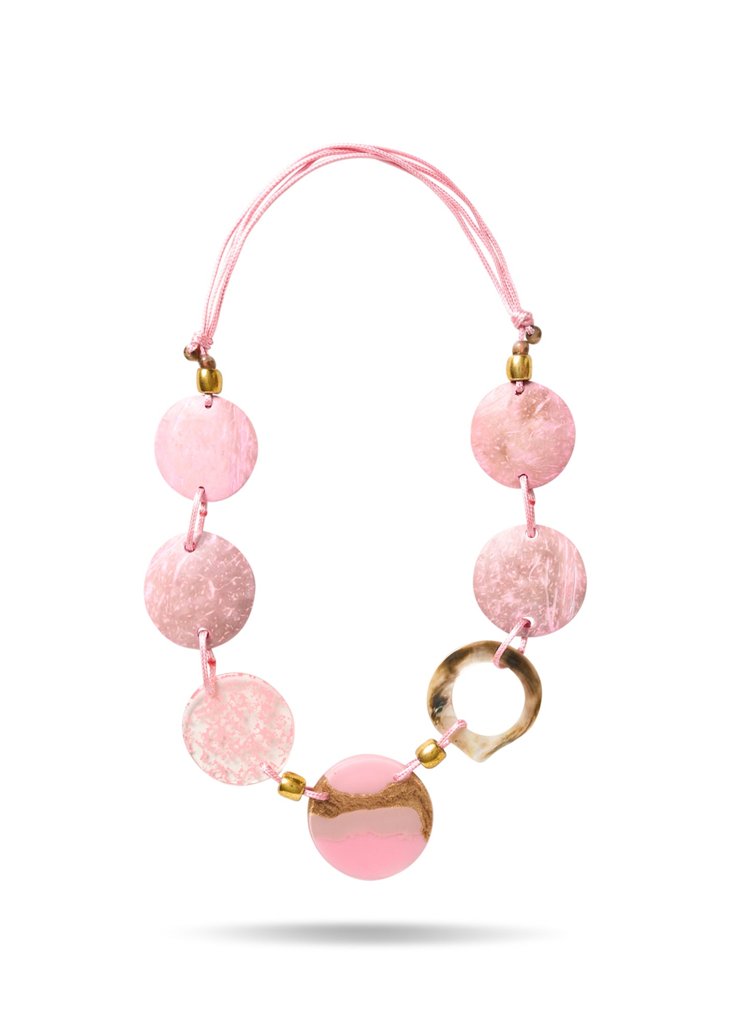 Coconut resin necklace and pink shell ring