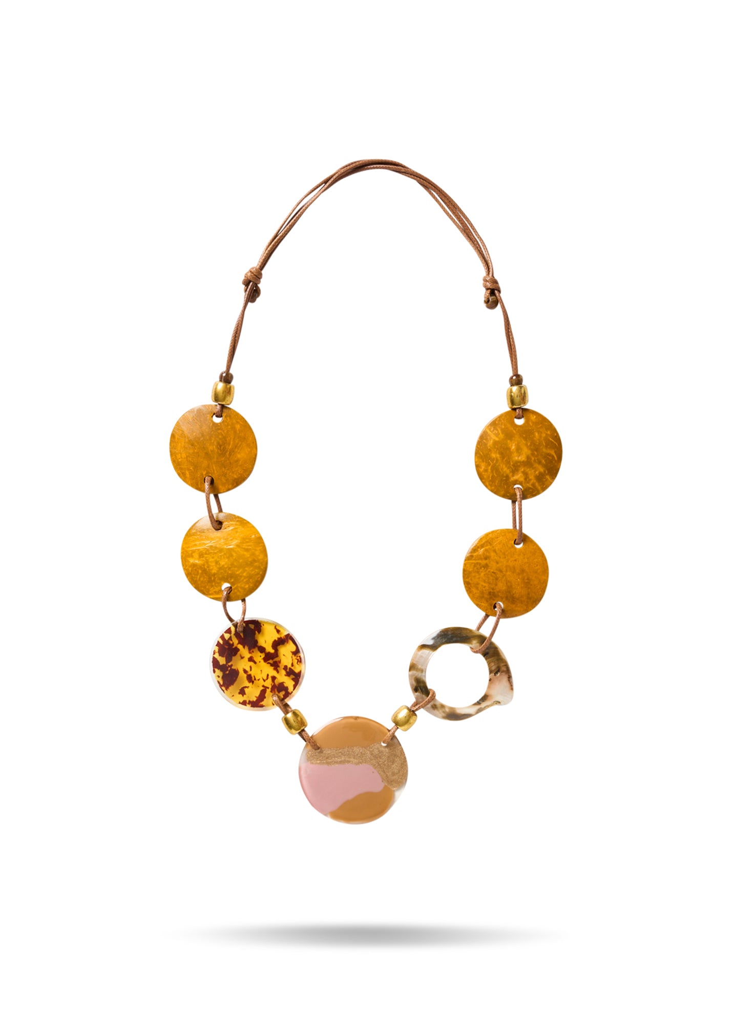 Coconut resin necklace and mustard shell ring