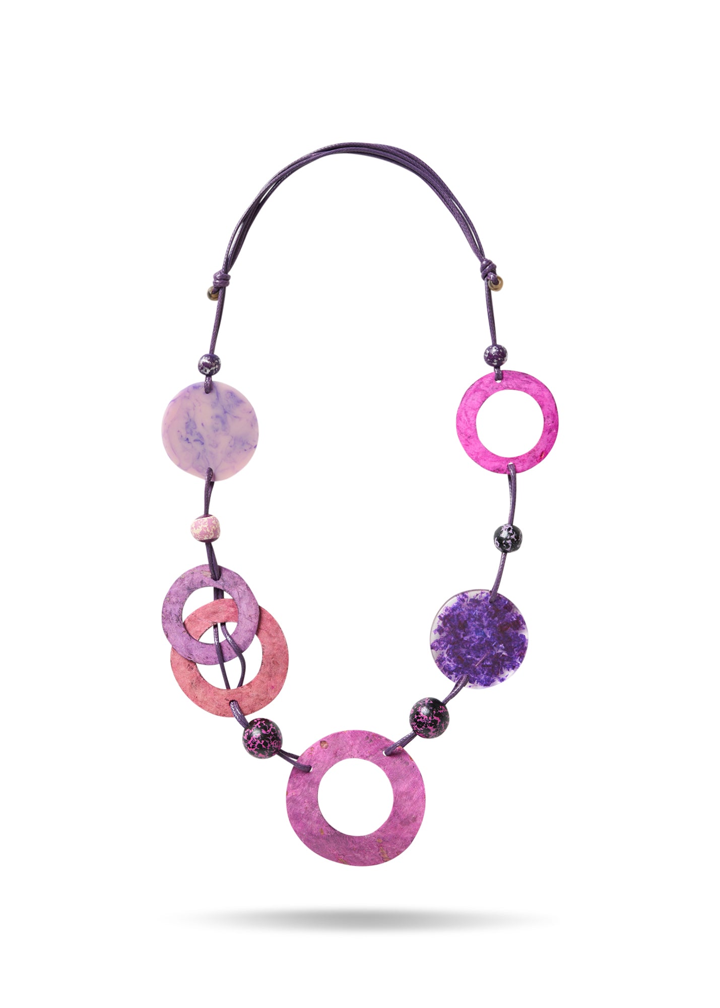 Resin necklace, shell rings and purple wood beads