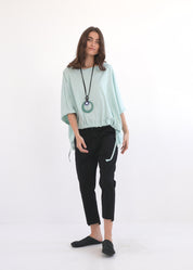 Short sleeve cotton shirt with turquoise drawstring