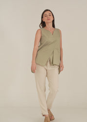 Asymmetric tank top and green fabric pocket