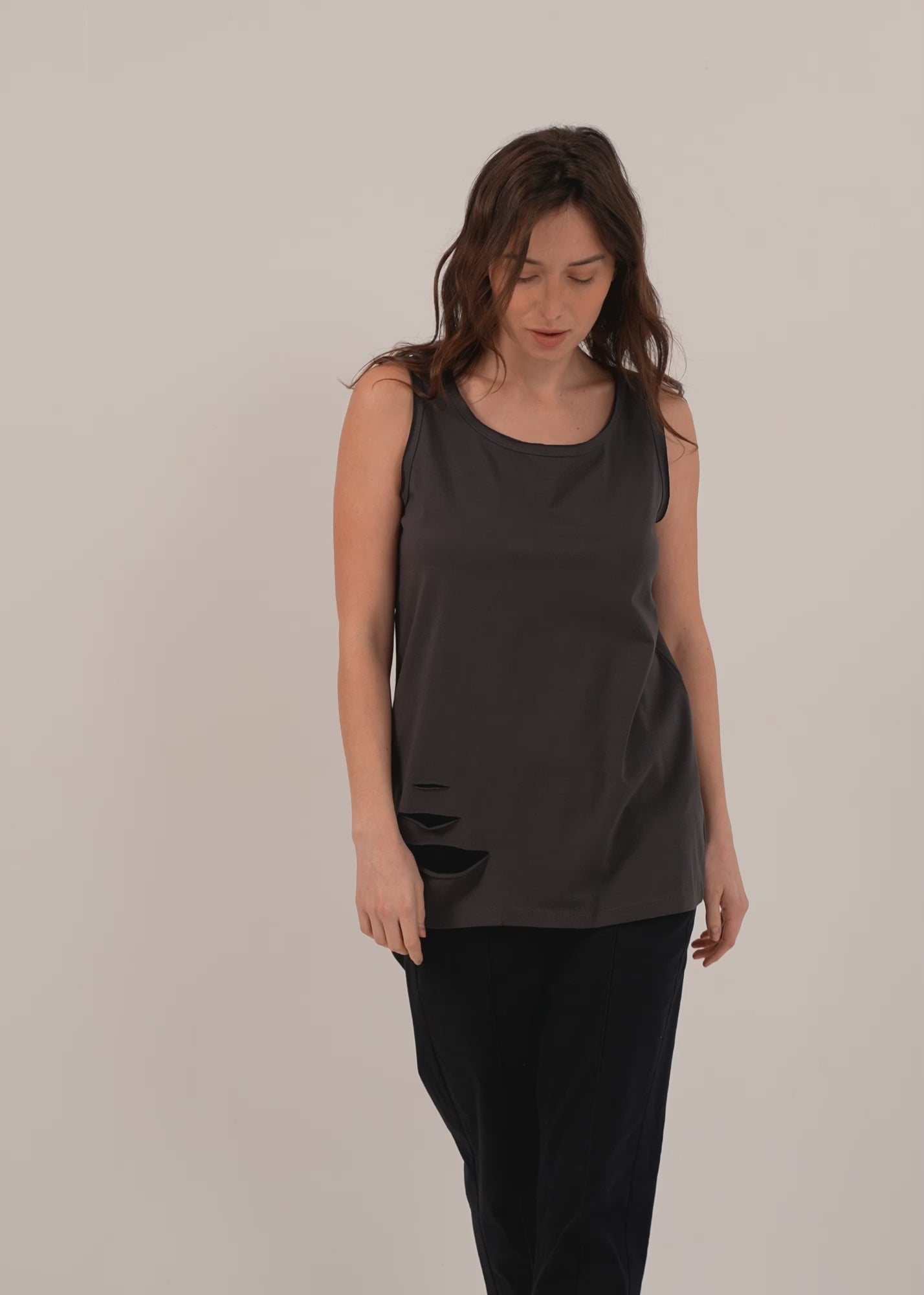 Dark gray ripped down tank top