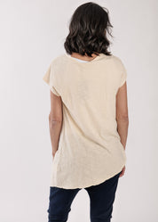 V-beige stitching short sleeve t-shirt