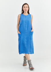 Sleeveless linen dress with blue square pockets